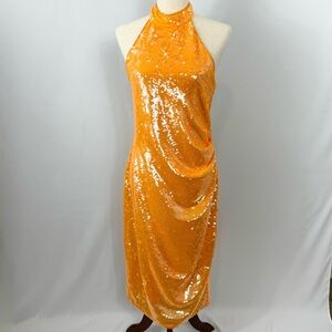 NEW Caroline Constas Bright Orange Halter Neck Sequin Midi Dress, Size Small